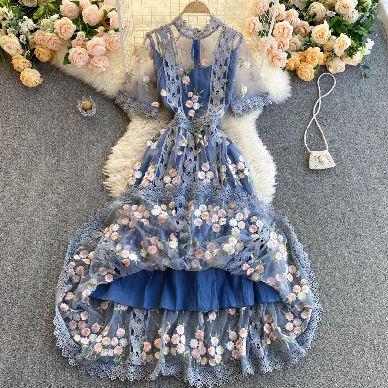 Elegant Lace Mesh Embroidery Flower Blue Dress