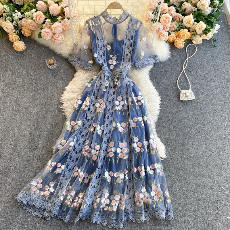 Elegant Lace Mesh Embroidery Flower Blue Dress