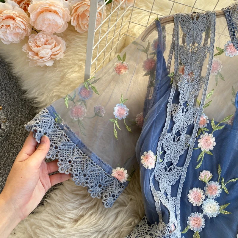 Elegant Lace Mesh Embroidery Flower Blue Dress