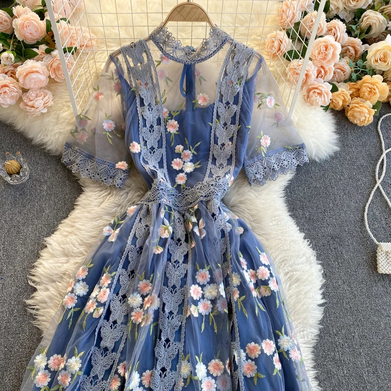 Elegant Lace Mesh Embroidery Flower Blue Dress