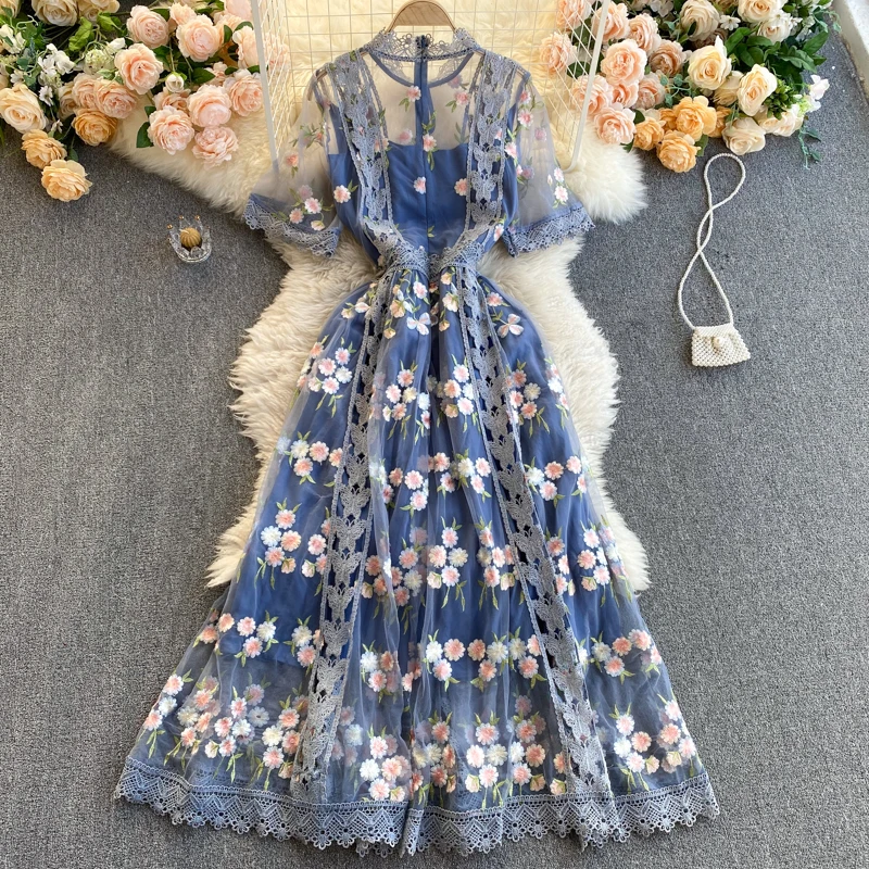 Elegant Lace Mesh Embroidery Flower Blue Dress