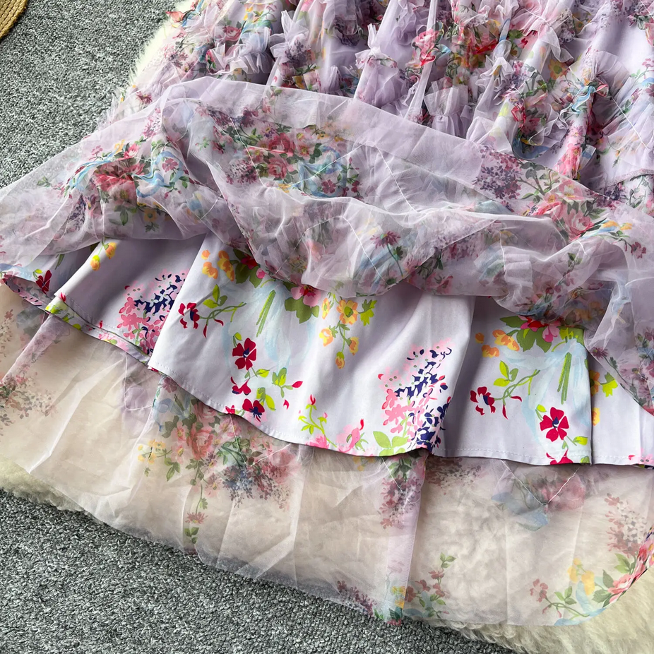 Short Sleeve Classy Floral Midi Tulle Dress