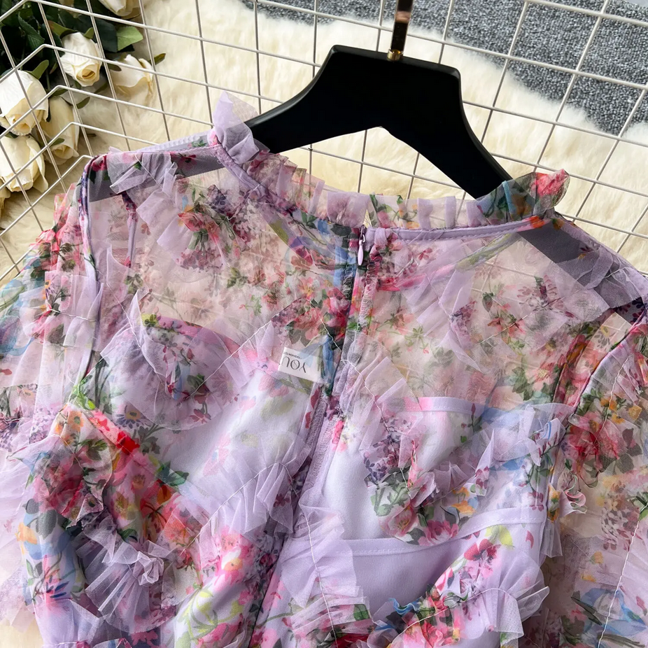 Short Sleeve Classy Floral Midi Tulle Dress
