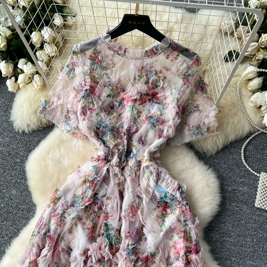 Short Sleeve Classy Floral Midi Tulle Dress