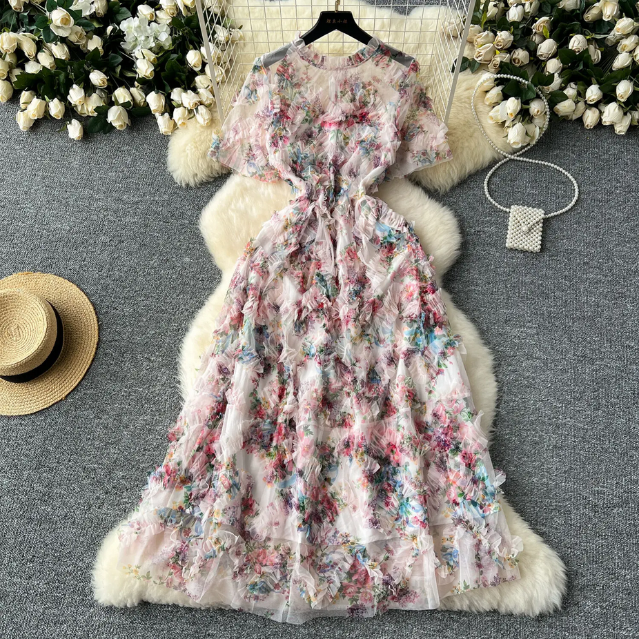 Short Sleeve Classy Floral Midi Tulle Dress
