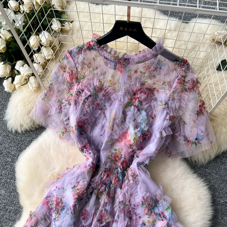 Short Sleeve Classy Floral Midi Tulle Dress