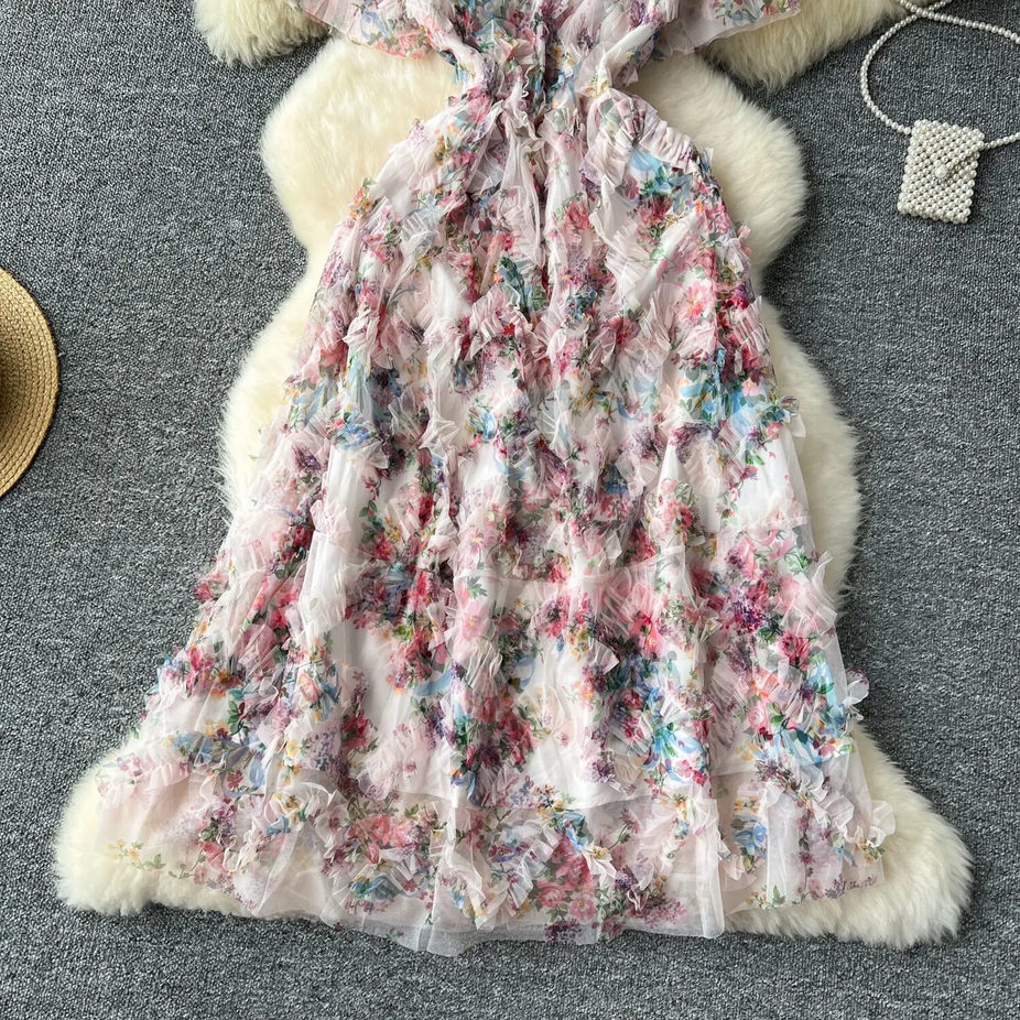 Short Sleeve Classy Floral Midi Tulle Dress