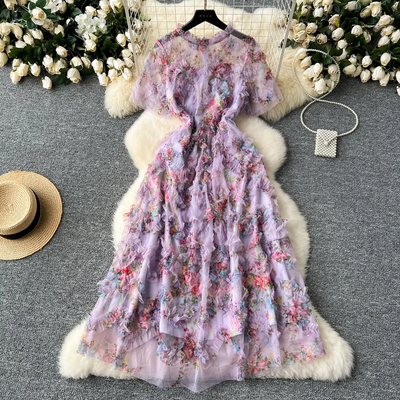 Short Sleeve Classy Floral Midi Tulle Dress