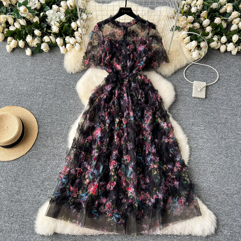 Short Sleeve Classy Floral Midi Tulle Dress