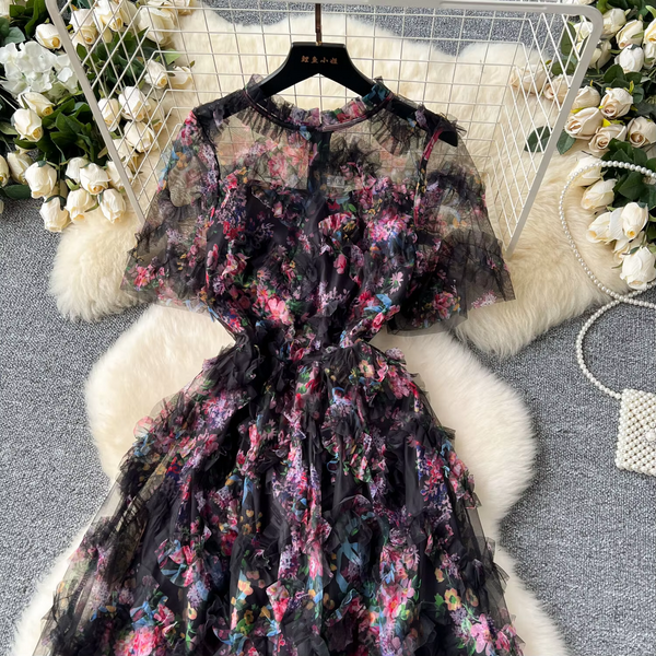 Short Sleeve Classy Floral Midi Tulle Dress