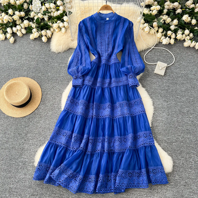Flower Embroidery Full Sleeve Long Lace Dress