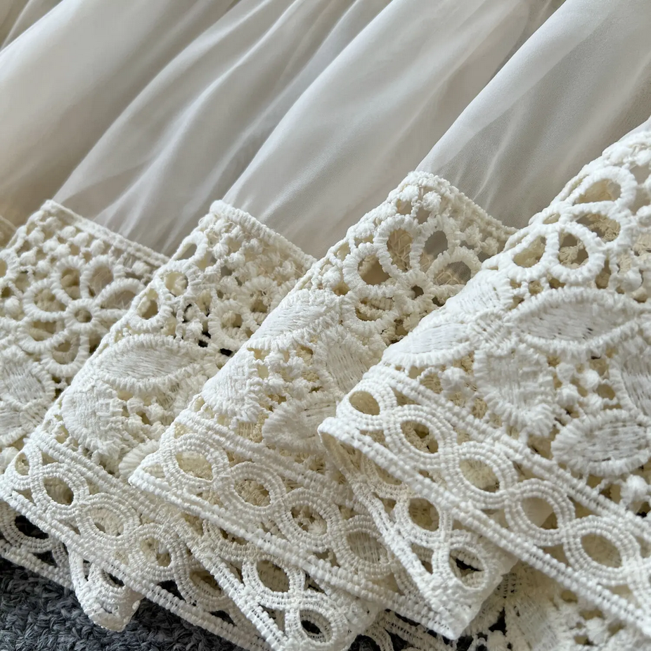 Flower Embroidery Full Sleeve Long Lace Dress