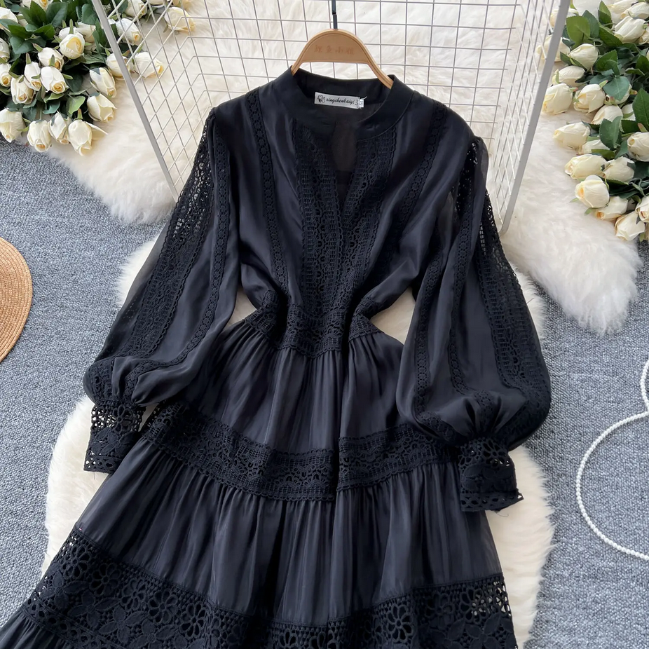 Flower Embroidery Full Sleeve Long Lace Dress