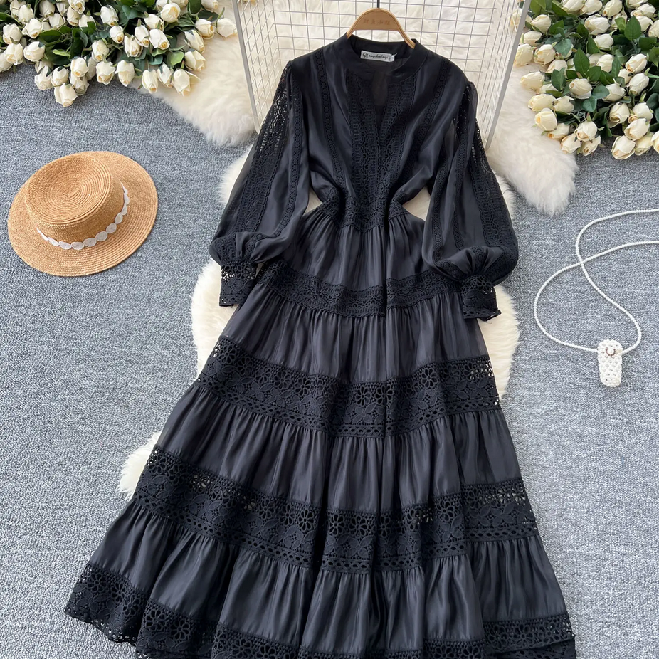 Flower Embroidery Full Sleeve Long Lace Dress