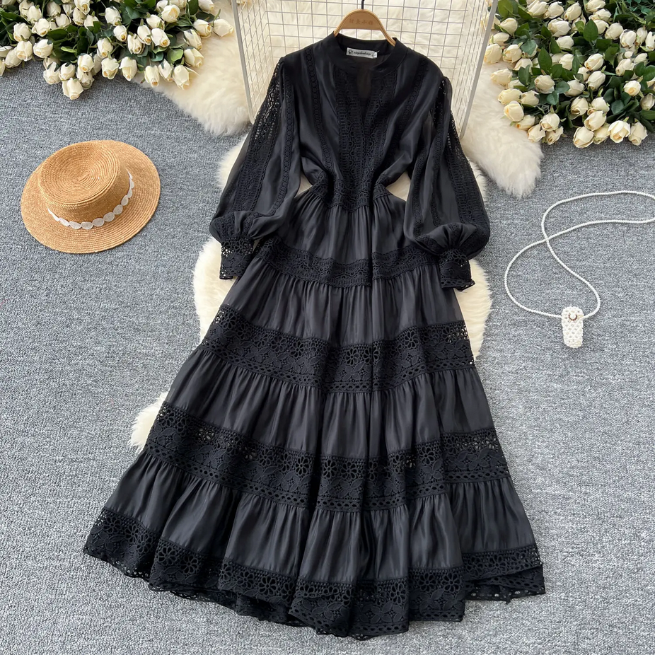 Flower Embroidery Full Sleeve Long Lace Dress