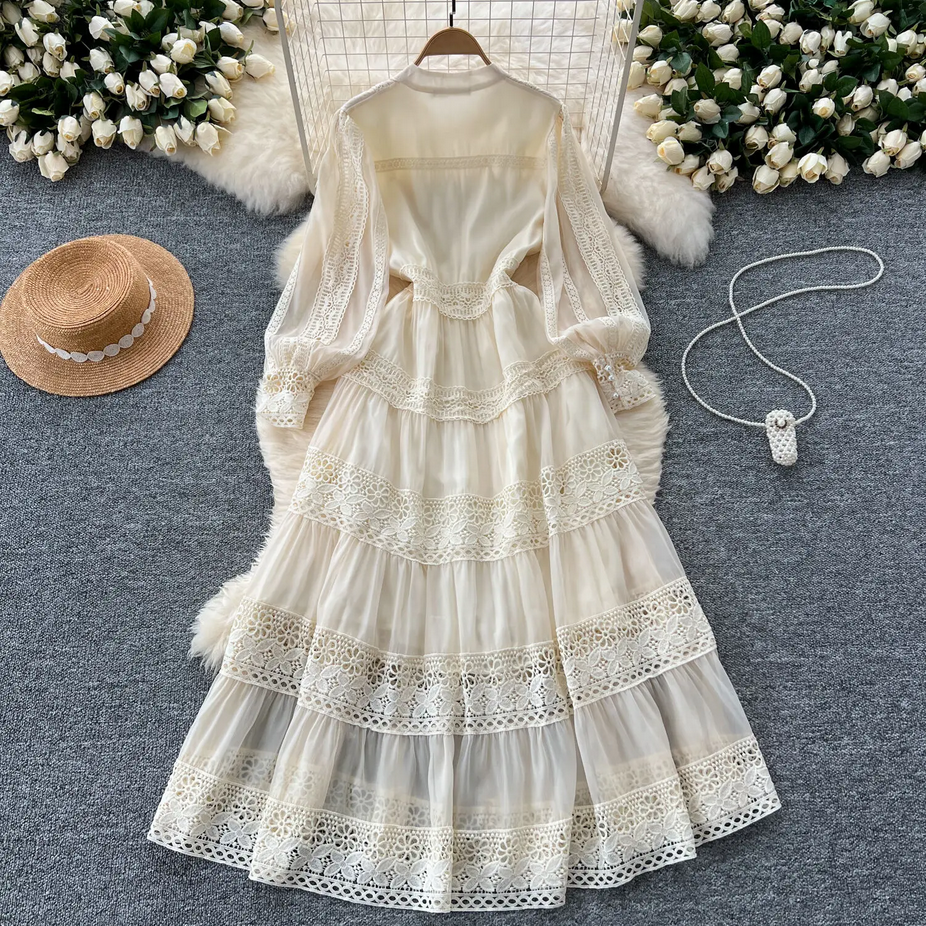Flower Embroidery Full Sleeve Long Lace Dress