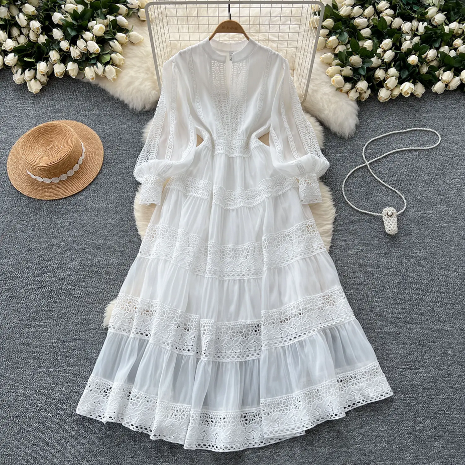 Flower Embroidery Full Sleeve Long Lace Dress