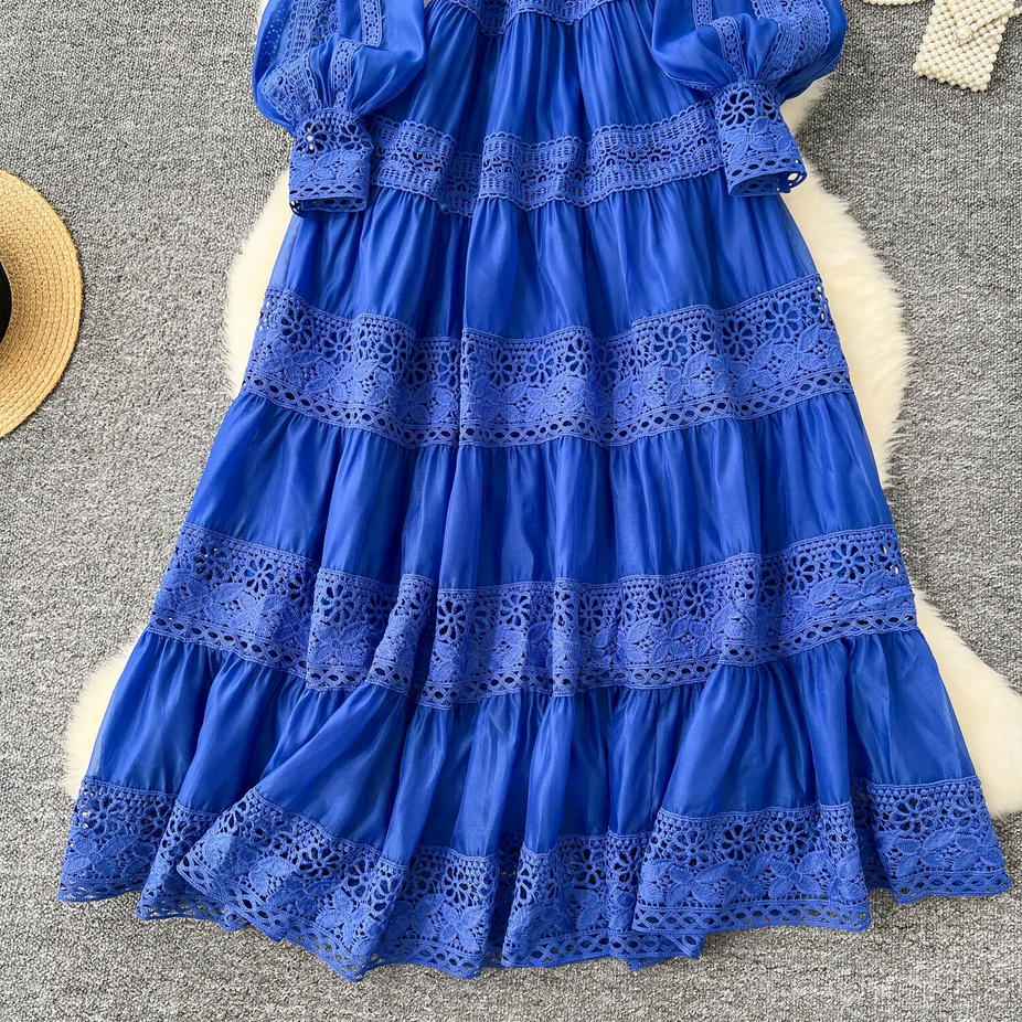 Flower Embroidery Full Sleeve Long Lace Dress