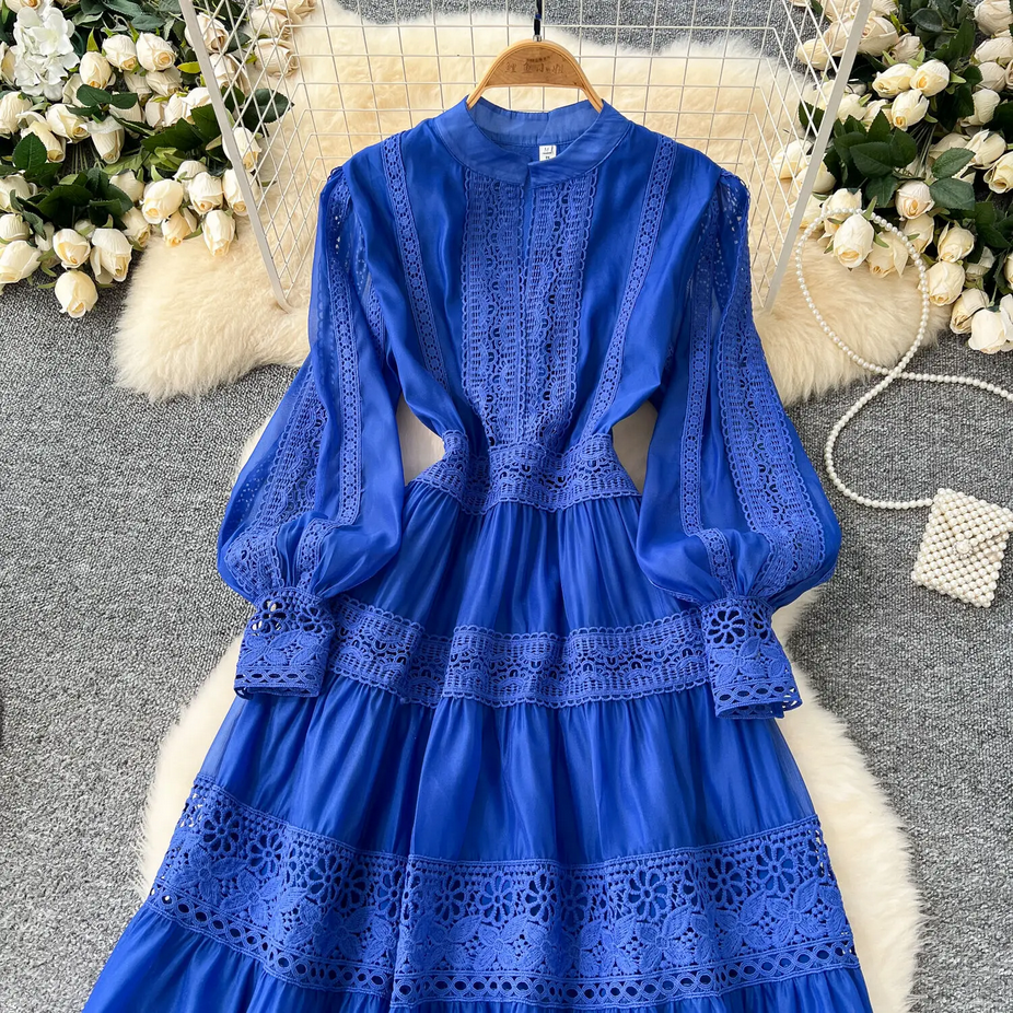 Flower Embroidery Full Sleeve Long Lace Dress