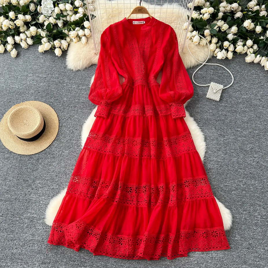 Flower Embroidery Full Sleeve Long Lace Dress