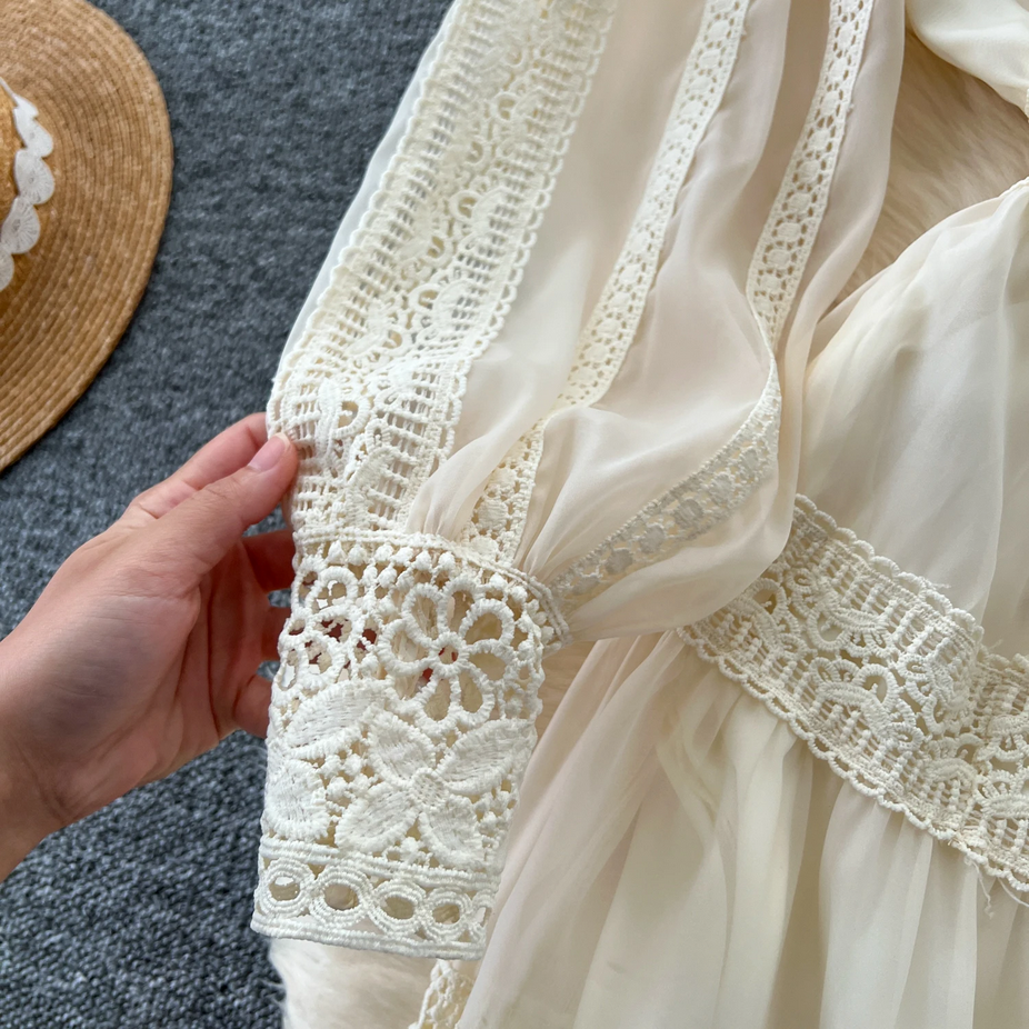 Flower Embroidery Full Sleeve Long Lace Dress