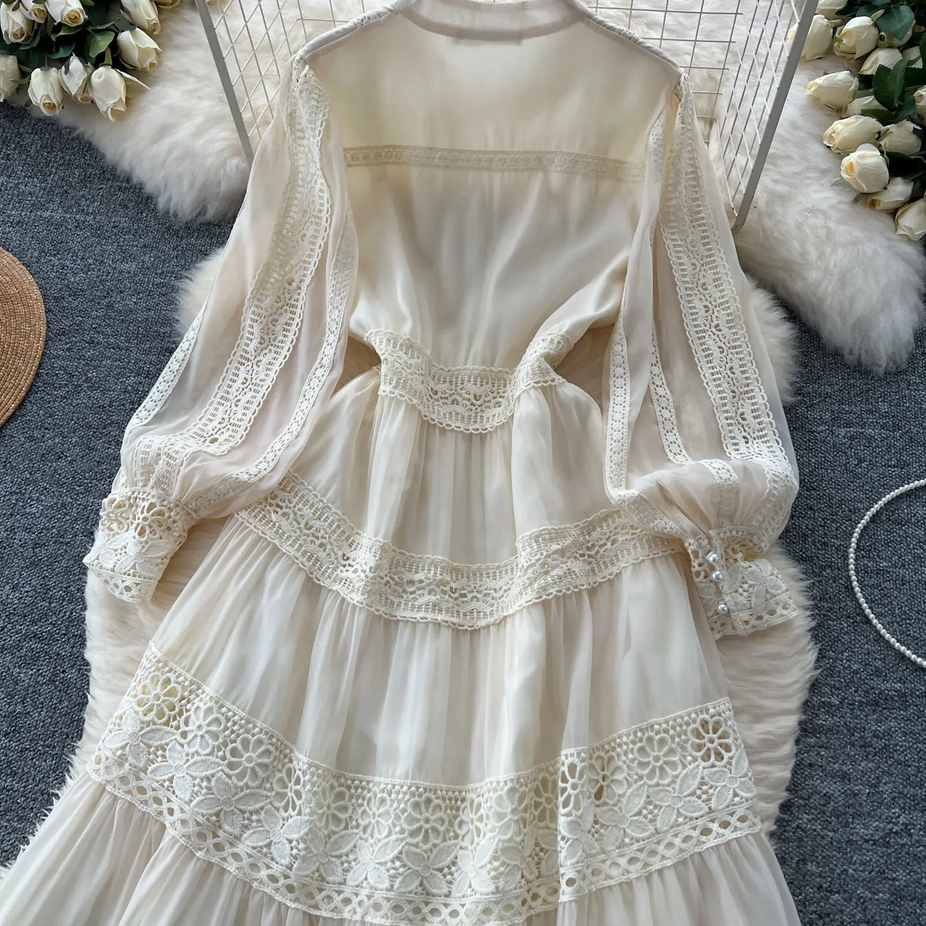 Flower Embroidery Full Sleeve Long Lace Dress
