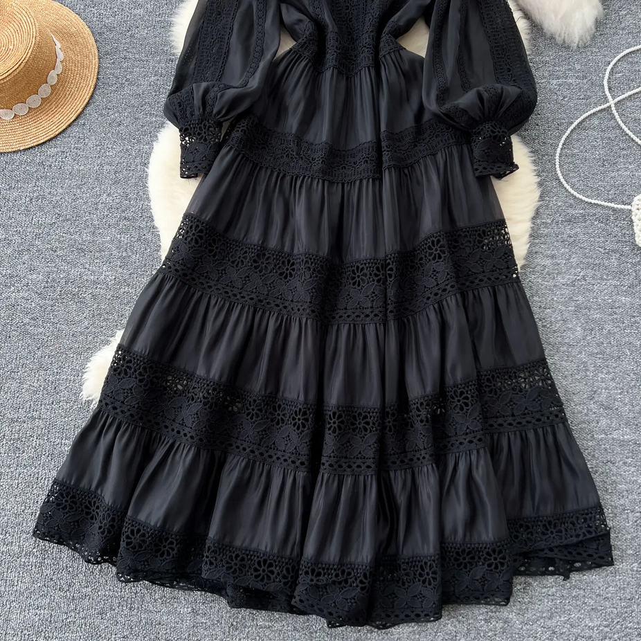 Flower Embroidery Full Sleeve Long Lace Dress