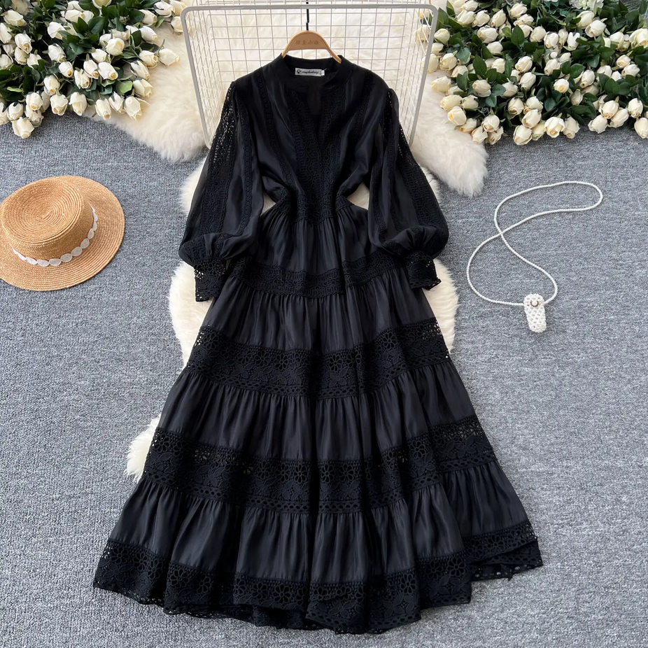 Flower Embroidery Full Sleeve Long Lace Dress