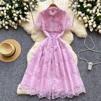 Summer French Retro Flower Embroidery Lace Dress