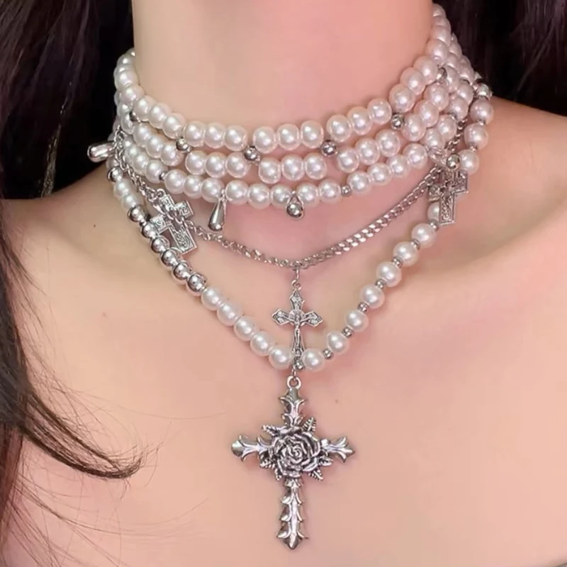 Y2K Multi-layer Pearl Cross Necklace