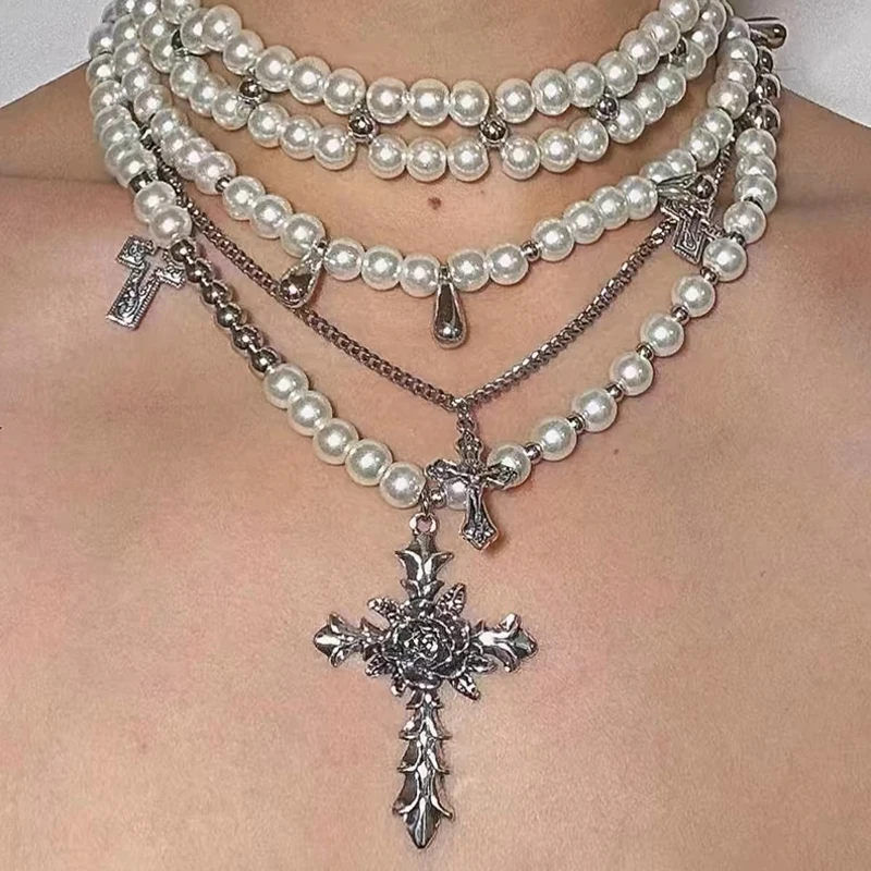 Y2K Multi-layer Pearl Cross Necklace