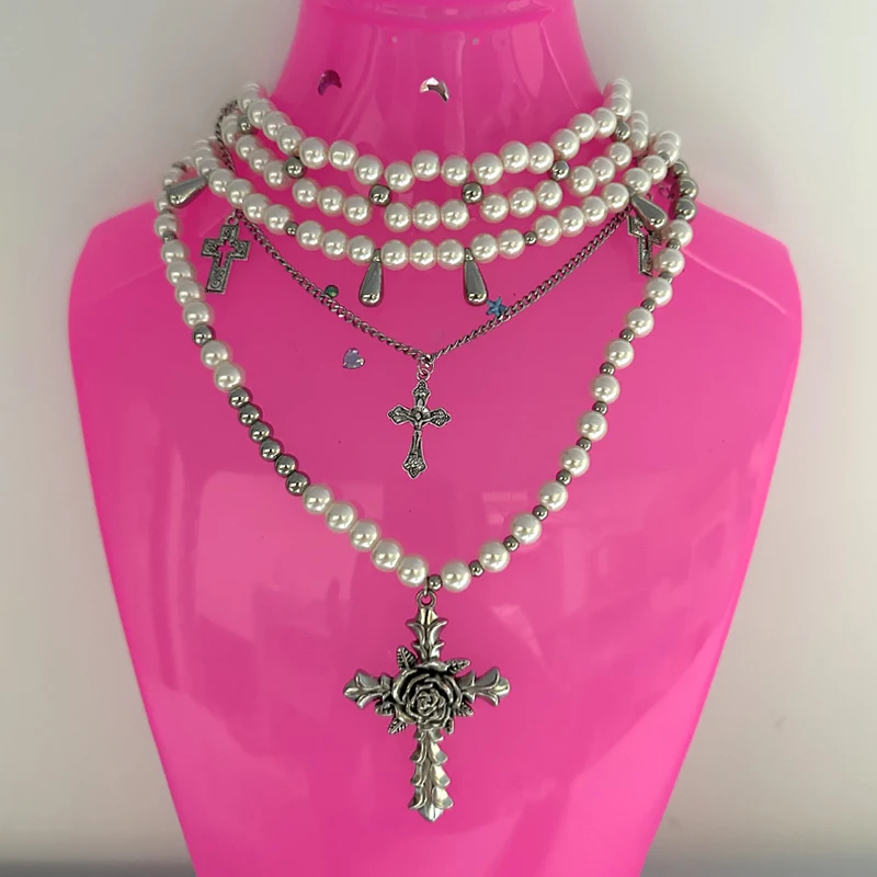 Y2K Multi-layer Pearl Cross Necklace