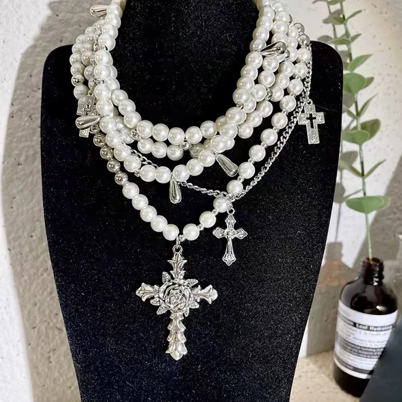Y2K Multi-layer Pearl Cross Necklace