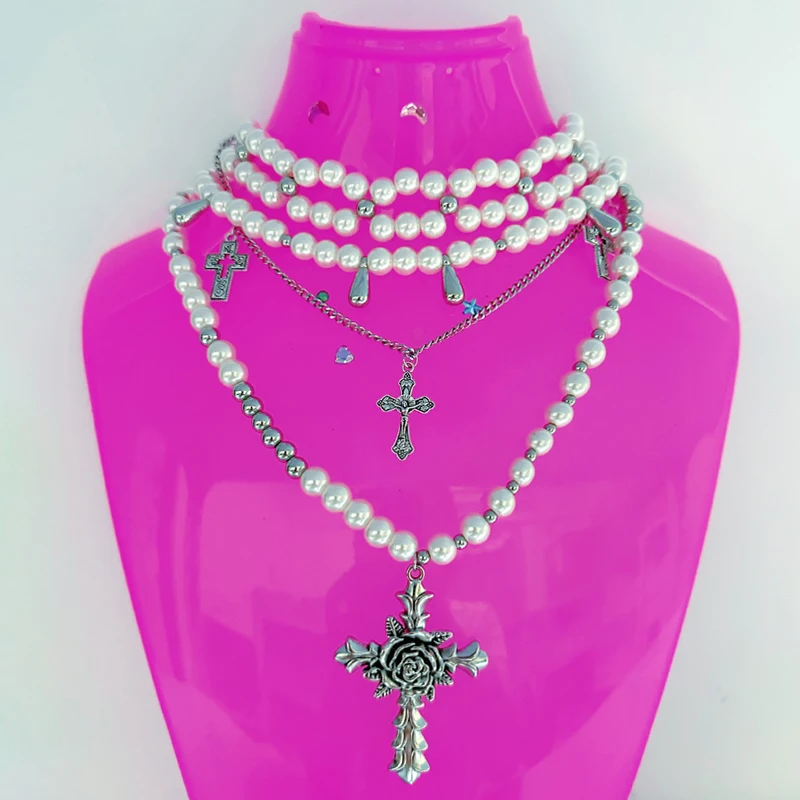 Y2K Multi-layer Pearl Cross Necklace