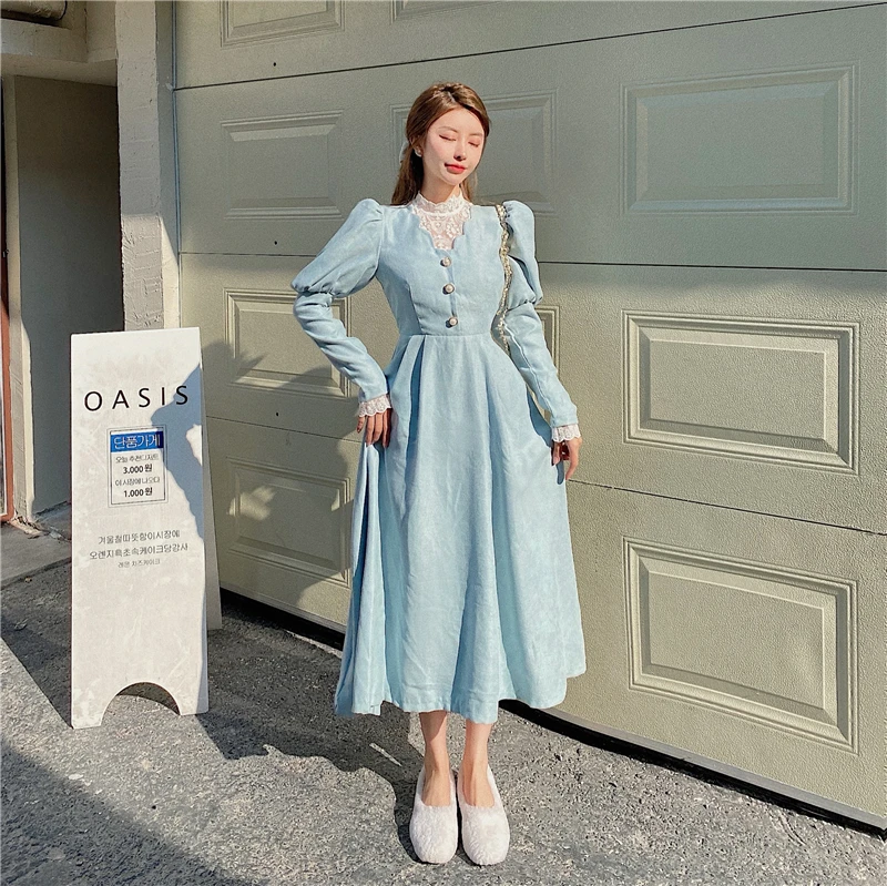 Blue French Patchwork Lace Long Sleeve Party Midi Dress