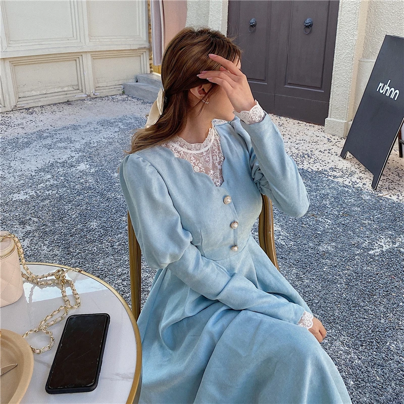 Blue French Patchwork Lace Long Sleeve Party Midi Dress