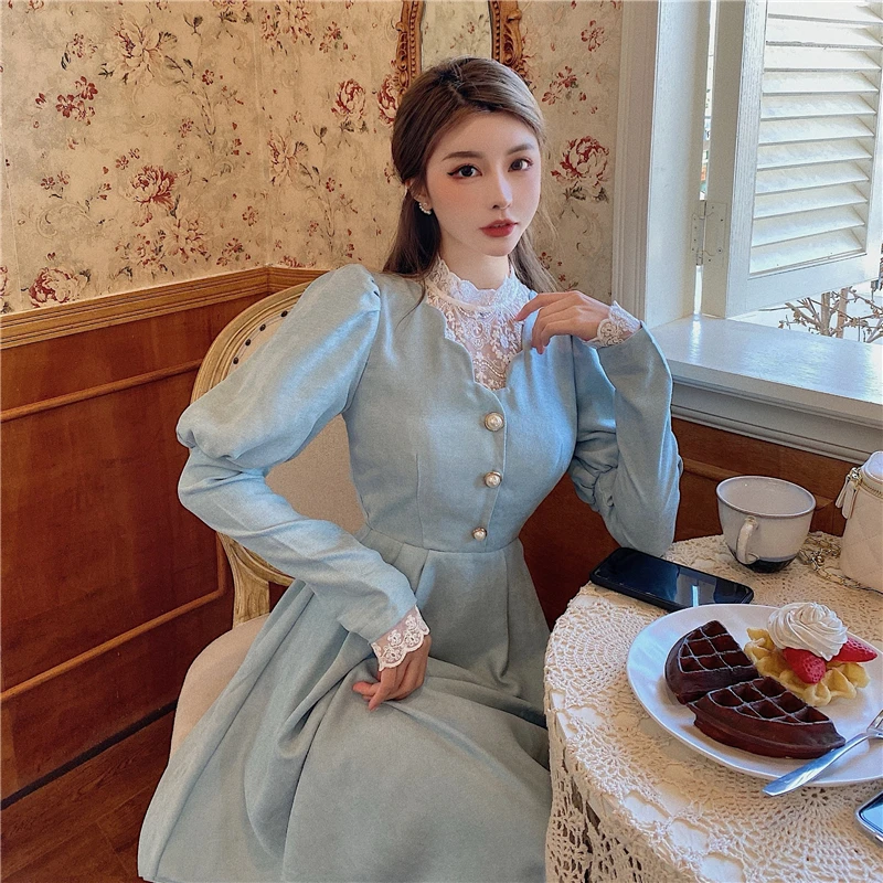 Blue French Patchwork Lace Long Sleeve Party Midi Dress