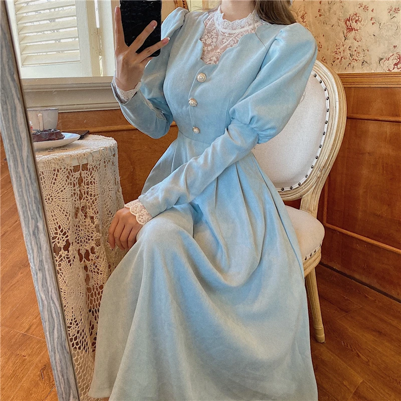 Blue French Patchwork Lace Long Sleeve Party Midi Dress