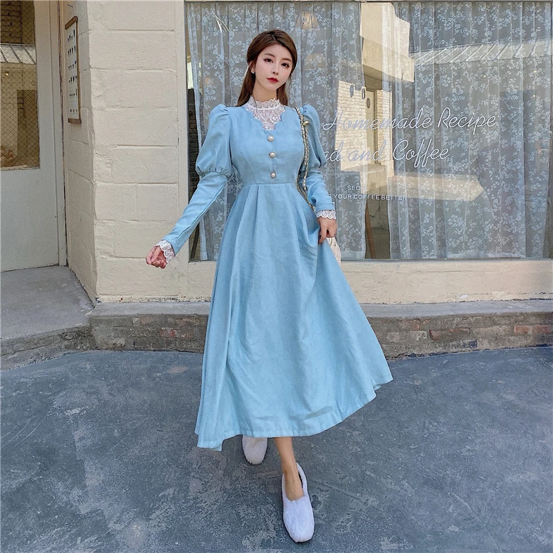 Blue French Patchwork Lace Long Sleeve Party Midi Dress