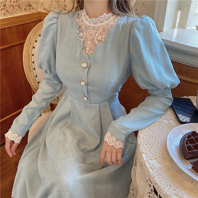 Blue French Patchwork Lace Long Sleeve Party Midi Dress