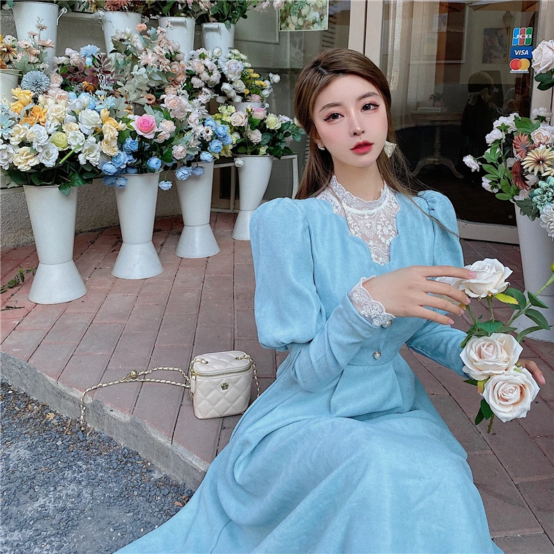 Blue French Patchwork Lace Long Sleeve Party Midi Dress