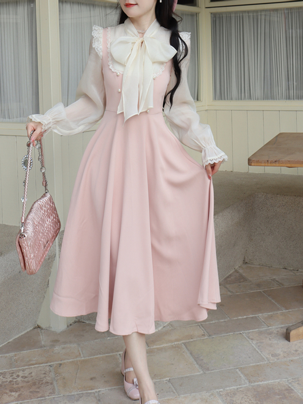 Pink and White One Piece Lace Vintage Dress
