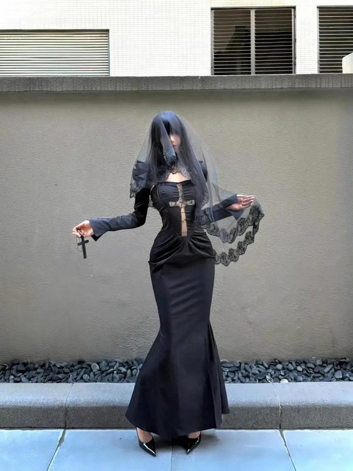 Long sleeve Cross Gothic Black Midi Dress