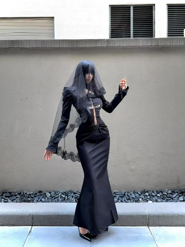 Long sleeve Cross Gothic Black Midi Dress