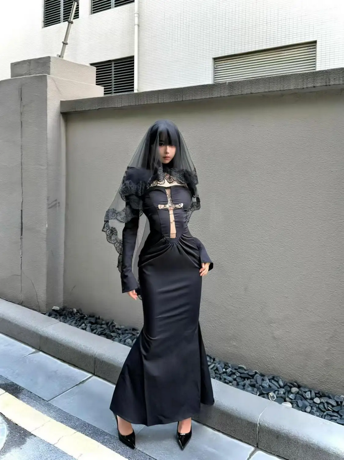 Long sleeve Cross Gothic Black Midi Dress