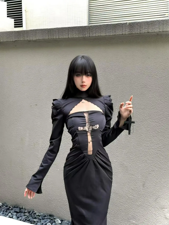 Long sleeve Cross Gothic Black Midi Dress