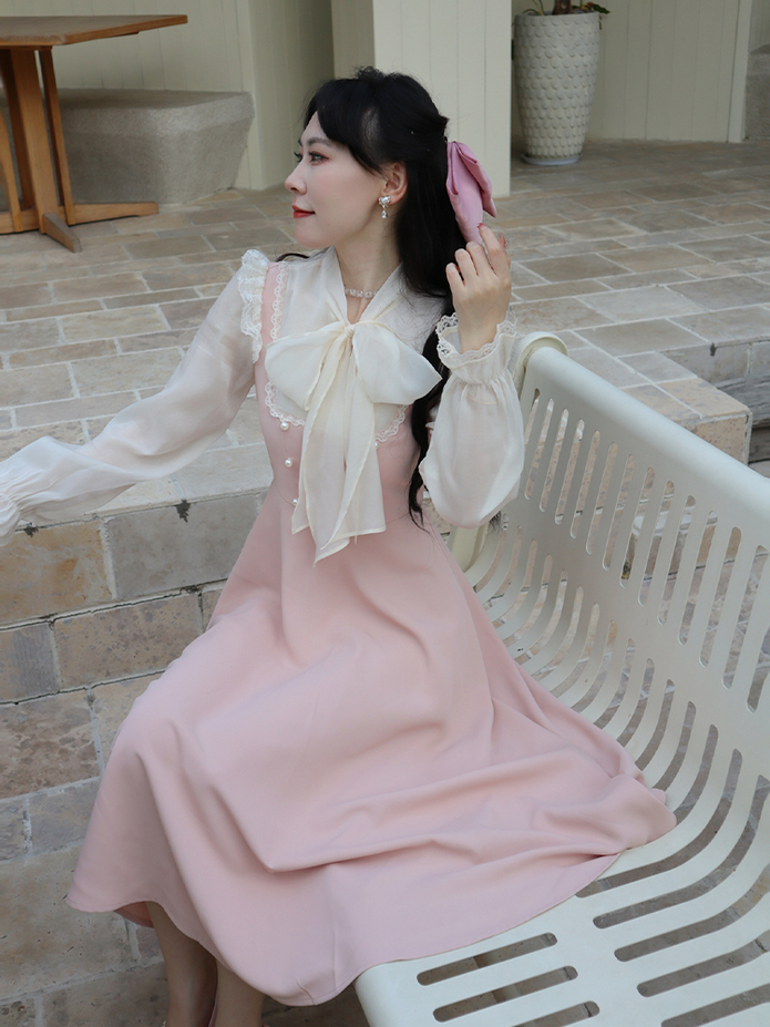 Pink and White One Piece Lace Vintage Dress