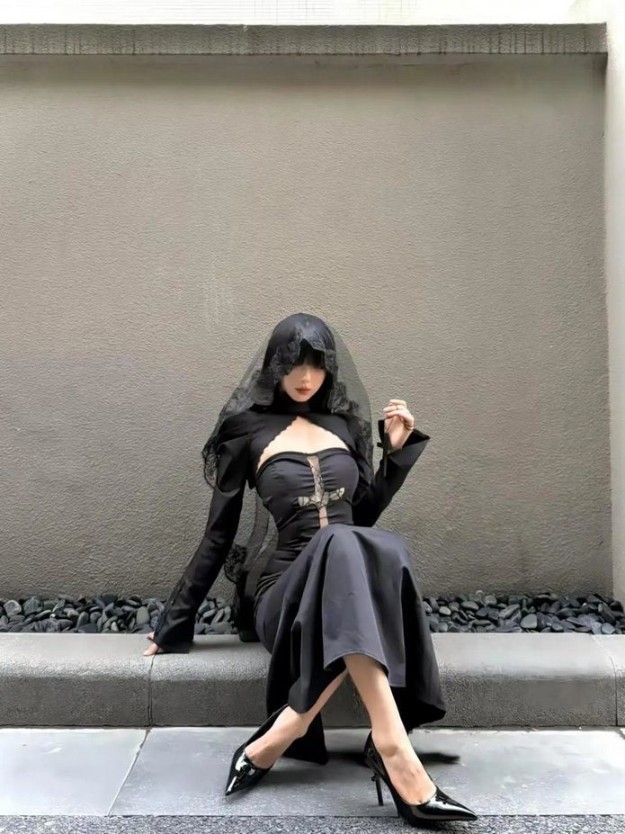 Long sleeve Cross Gothic Black Midi Dress