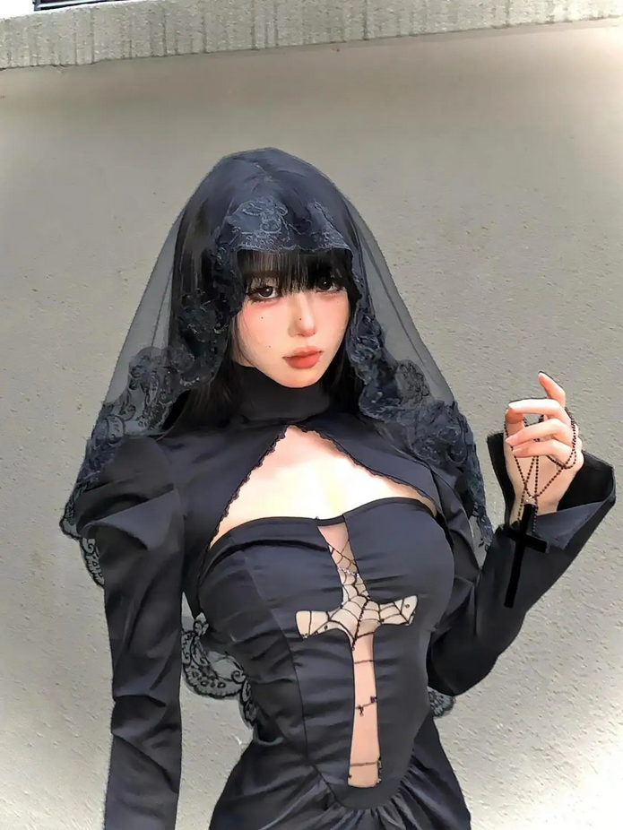 Long sleeve Cross Gothic Black Midi Dress