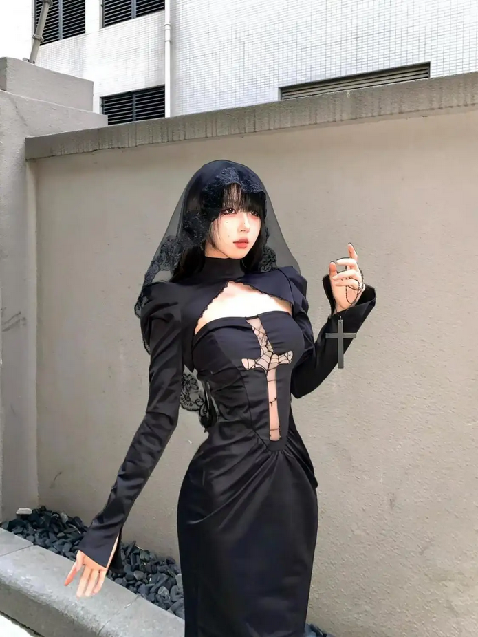 Long sleeve Cross Gothic Black Midi Dress